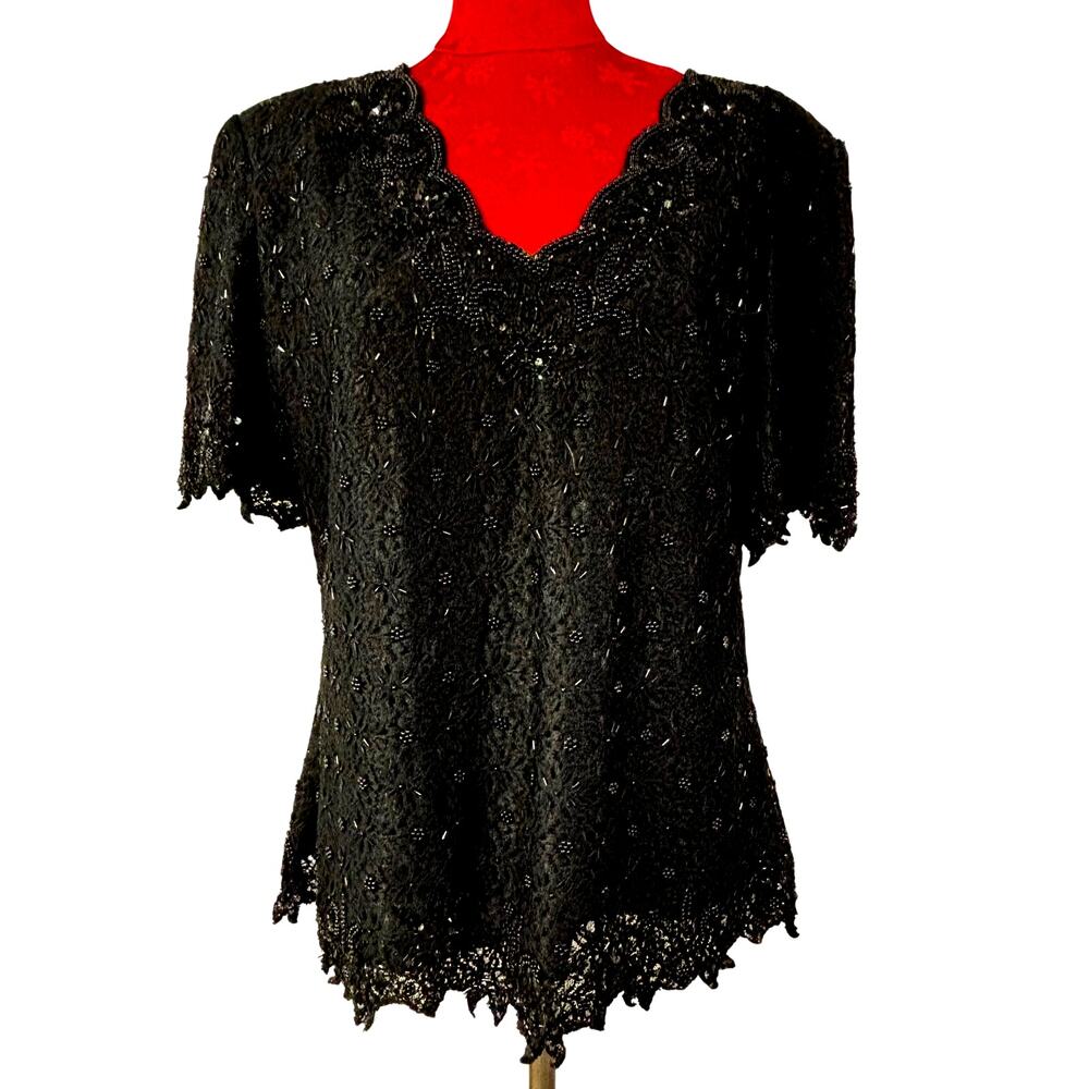 Classic Creations vintage dressy black beaded short sleeve top size 1X glittery